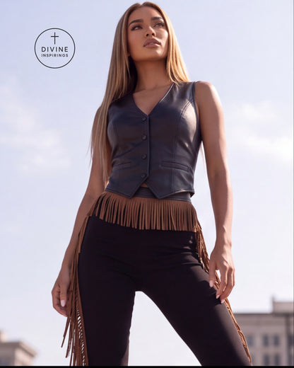 A woman modeling a sleeveless dark gray faux-leather vest with front buttons and a brown fringe waist detail, paired with black fringe pants, photographed outdoors against a pale sky. A circular 'DIVINE INSPIRINGS' logo appears in the upper left.