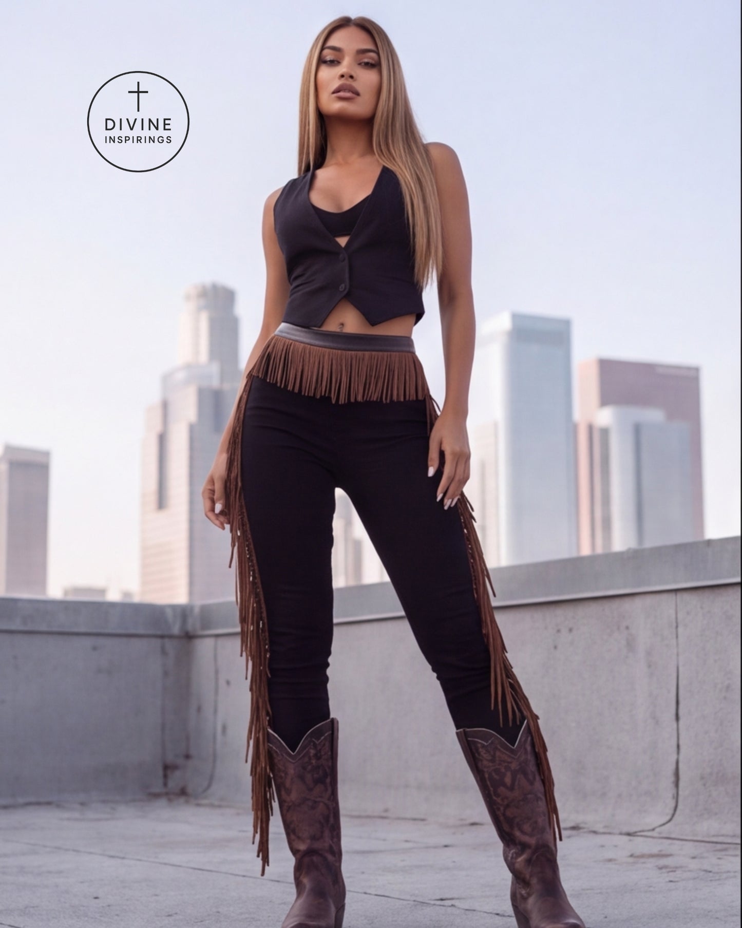 A woman stands on a rooftop wearing a black sleeveless top with fringe trim, black fringed pants, and brown cowboy boots. City buildings are visible in the background under a pale sky.