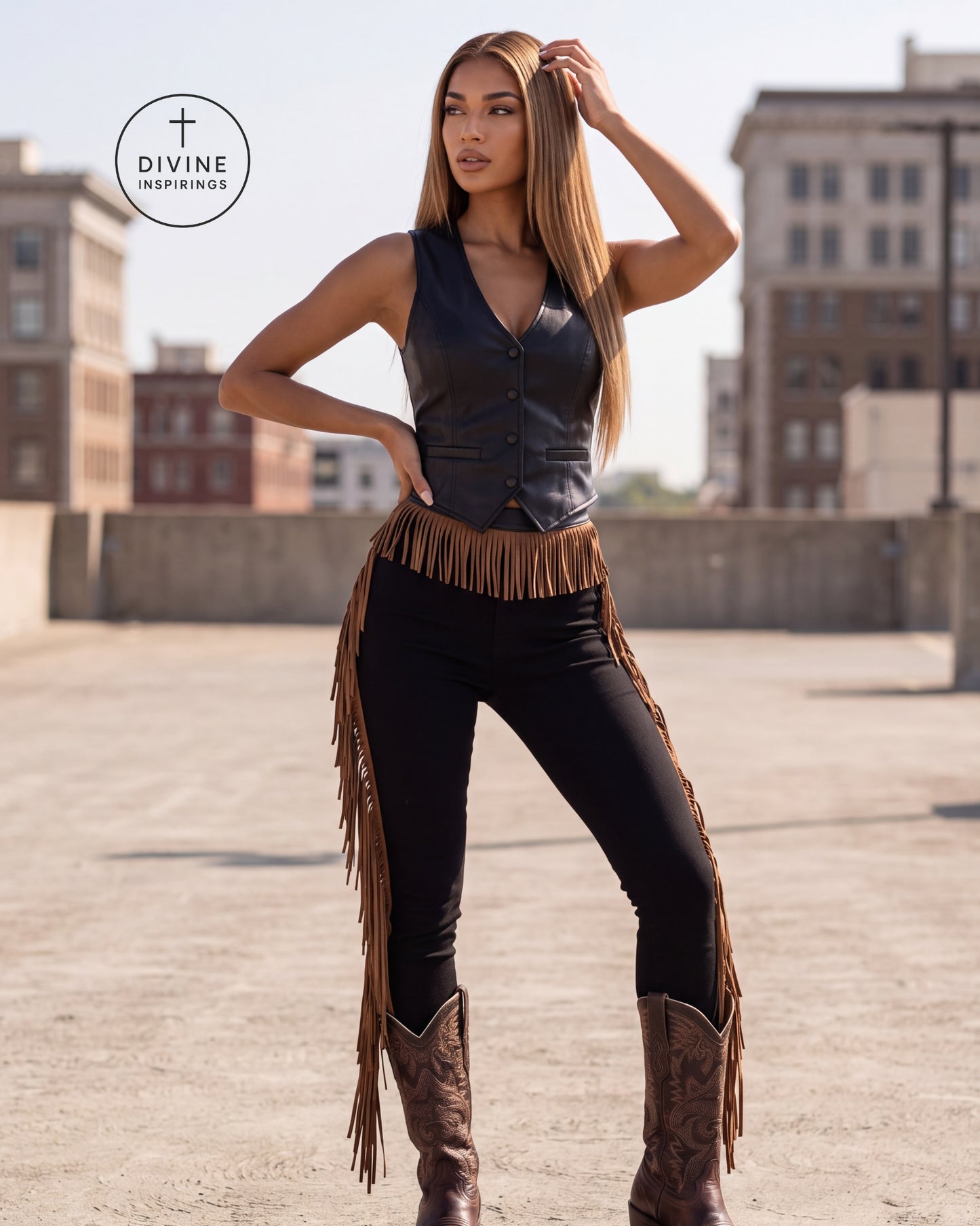 A woman models a black faux-leather vest with a matching fringed belt over black leggings and brown cowboy boots, standing on an outdoor rooftop with city buildings in the background. A 'DIVINE INSPIRINGS' logo is visible in the top left.