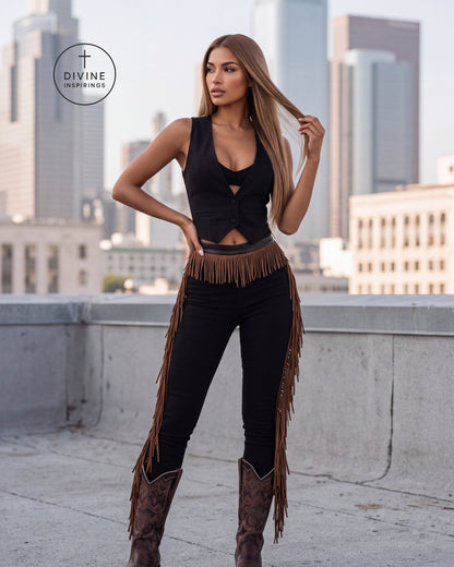 A woman stands on a rooftop wearing a black sleeveless cutout top, black pants with long brown fringe, and brown cowboy boots. The city skyline is visible in the background, and a circular 'DIVINE INSPIRINGS' logo appears in the upper left.