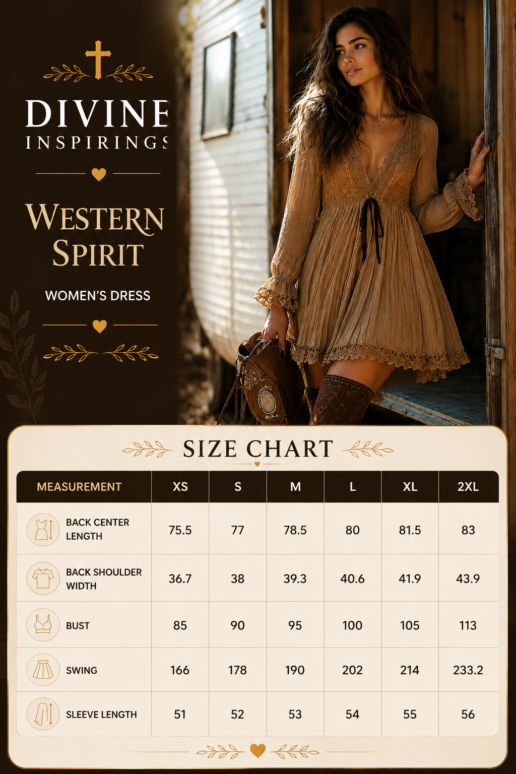 Woman in a dress standing in a doorway with a size chart on a dark background