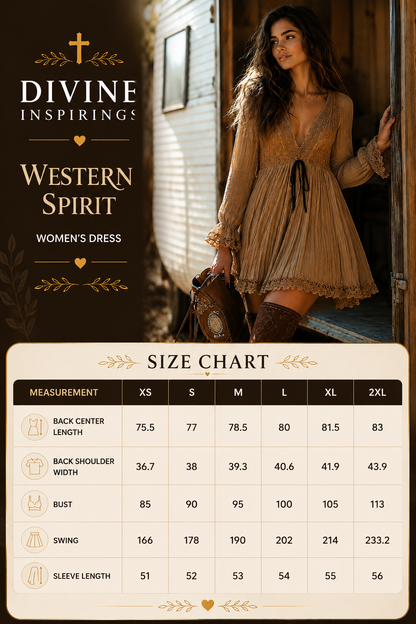 Woman in a dress standing in a doorway with a size chart on a dark background