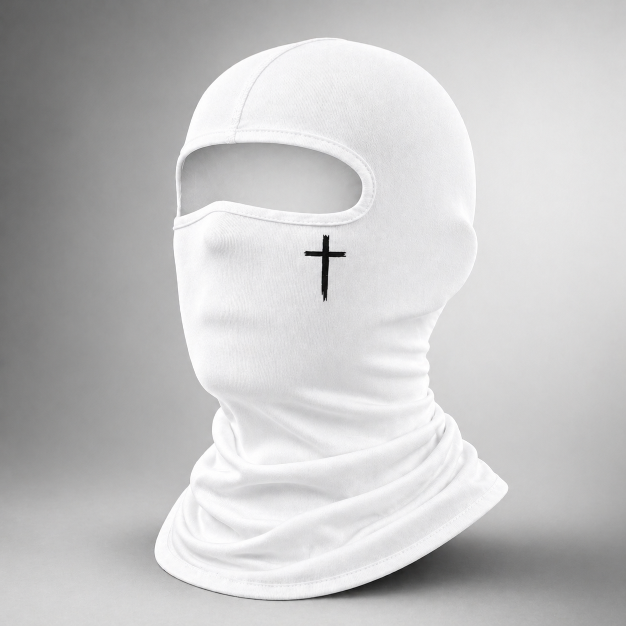 White balaclava with a black cross on a gray background