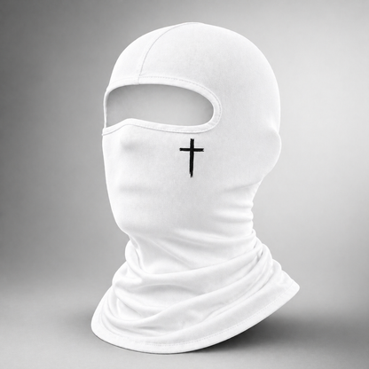 White balaclava with a black cross on a gray background