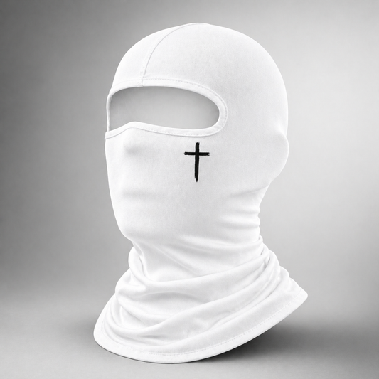 White balaclava with a black cross on a gray background