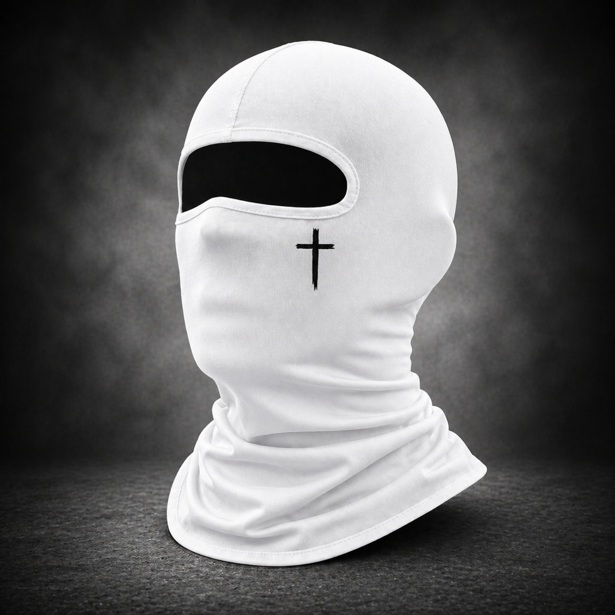 White balaclava with a black cross on a dark background