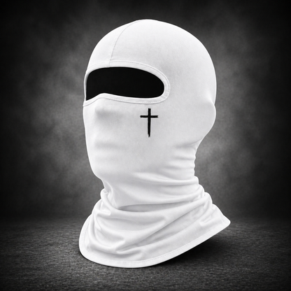 White balaclava with a black cross on a dark background