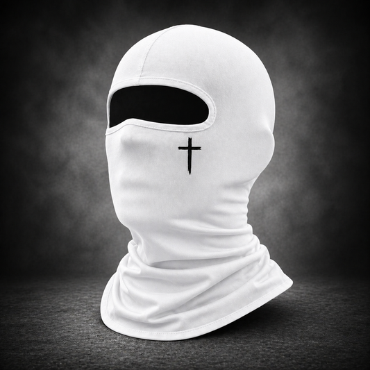White balaclava with a black cross on a dark background