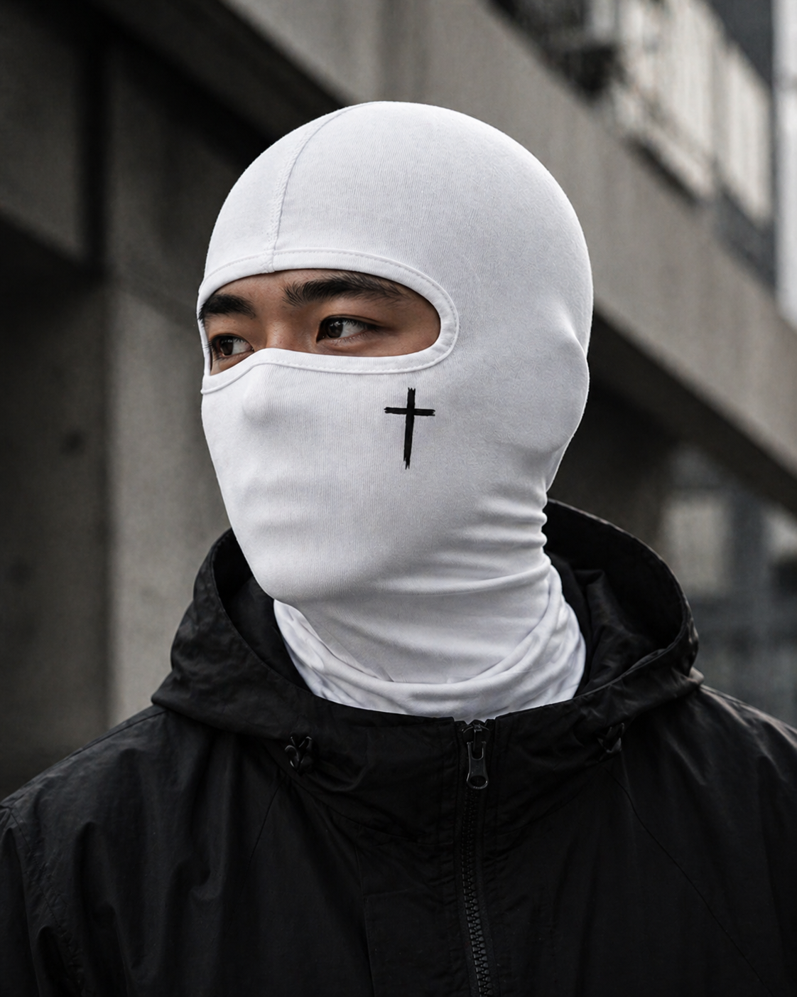Person wearing a white balaclava with a black cross symbol in an urban setting