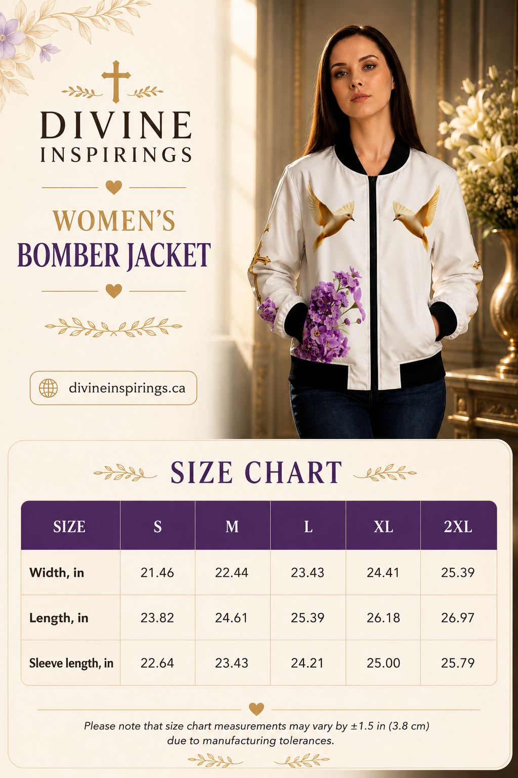 A promotional size chart graphic for the Divine Inspirations Women's Bomber Jacket. The top half features a model wearing the jacket, which is white with gold embroidered birds and a black center zipper.