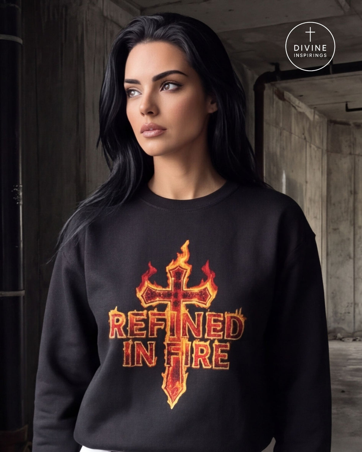 A woman wearing a black pullover hoodie with a red and orange graphic that reads 'REFINED IN FIRE' under a flaming cross, paired with white pants and a gold chain belt, leaning against a concrete pillar.