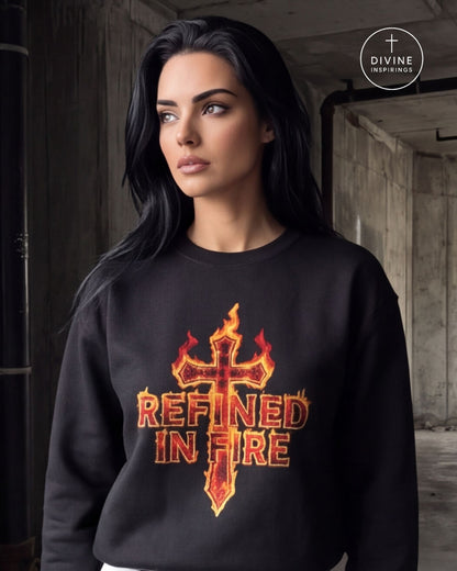 A woman wearing a black pullover hoodie with a red and orange graphic that reads 'REFINED IN FIRE' under a flaming cross, paired with white pants and a gold chain belt, leaning against a concrete pillar.
