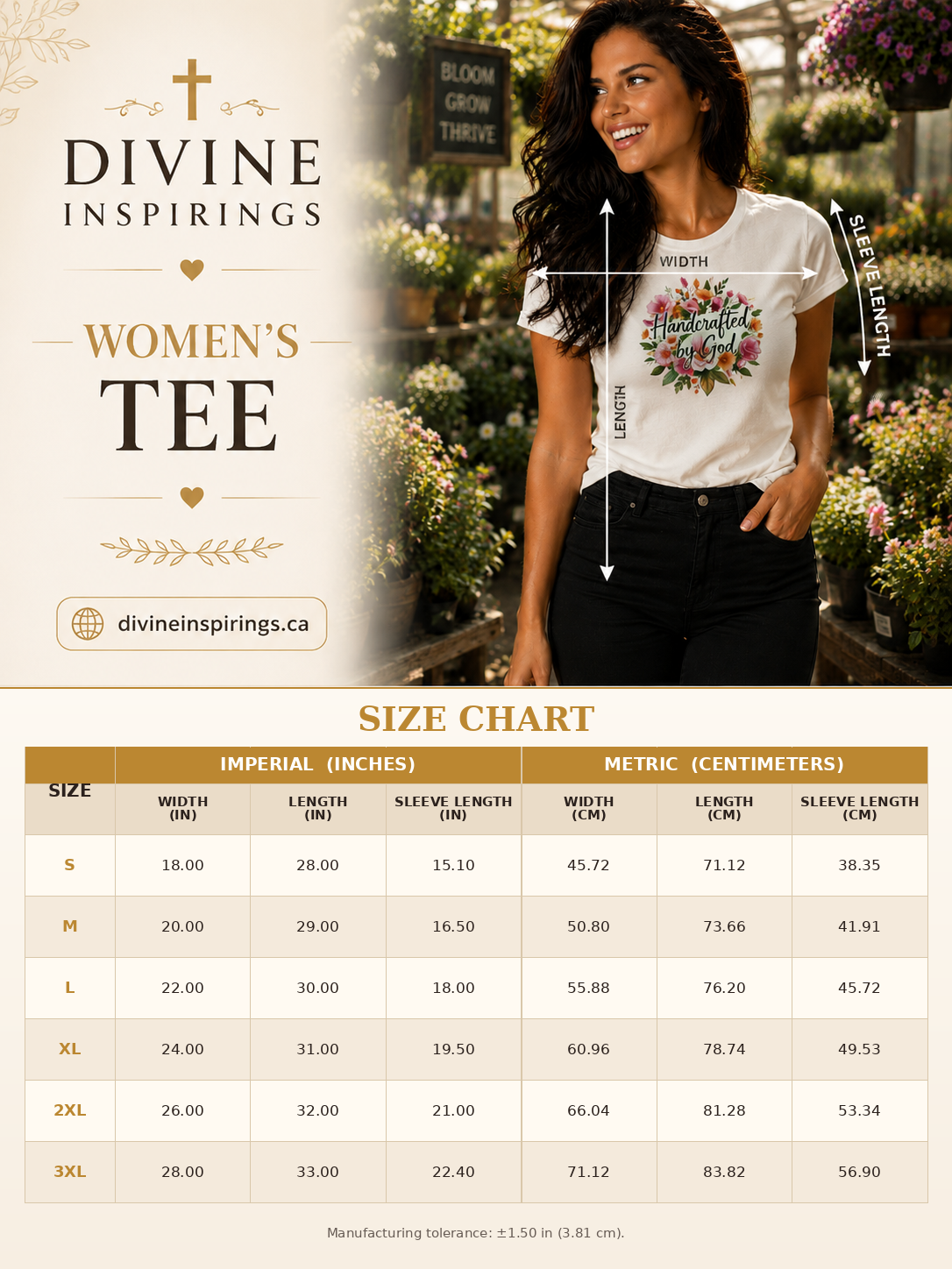 A size chart and sizing guide for a women's t-shirt by Divine Inspirings, featuring a model wearing a white graphic tee with black pants, a size measurement diagram, and a size chart table from S to 3XL with imperial and metric measurements.