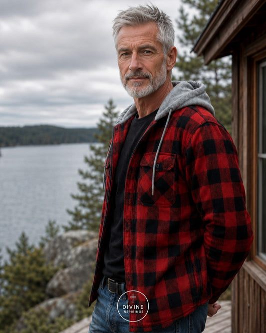 A man wearing a red and black buffalo plaid flannel shirt over a gray hoodie and black t-shirt, standing outdoors on a wooden deck with a lake and pine trees in the background.