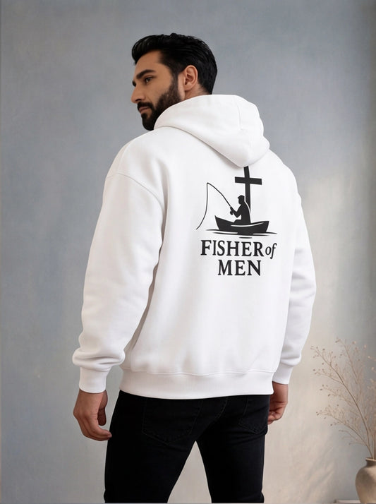 Man wearing a white hoodie with 'Fisher of Men' design on the back against a gray background