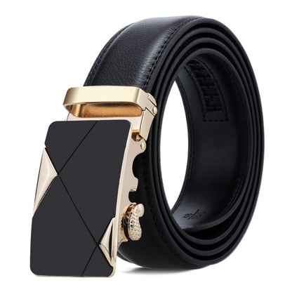 Black leather belt with a gold buckle on a white background