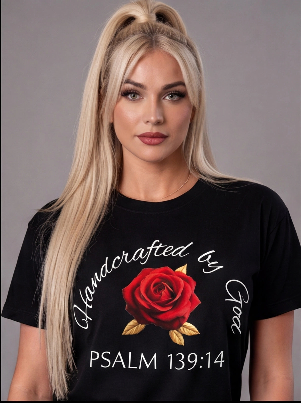 Woman wearing a black t-shirt with a red rose design and text.