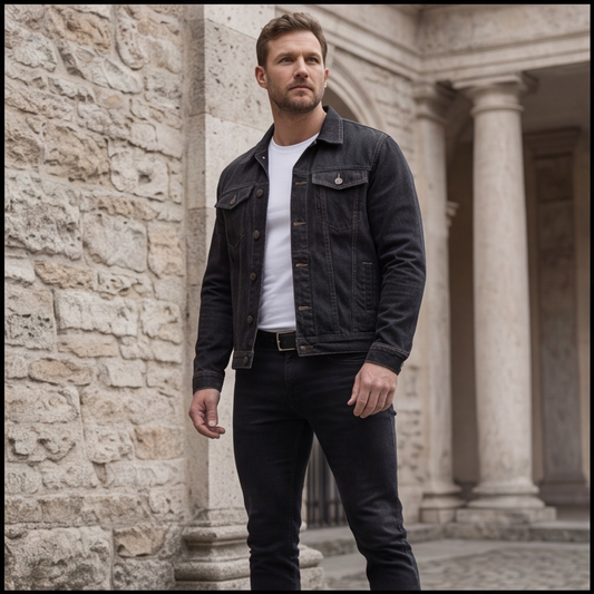 A man wearing a dark washed denim jacket over a white t-shirt and dark jeans, standing in front of a stone building with columns.