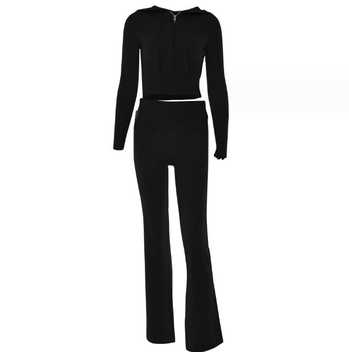 Black long-sleeve top and pants set on a white background