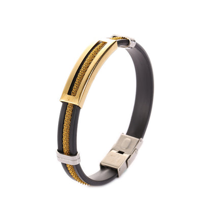 Bracelet with gold, black, and silver design on a white background