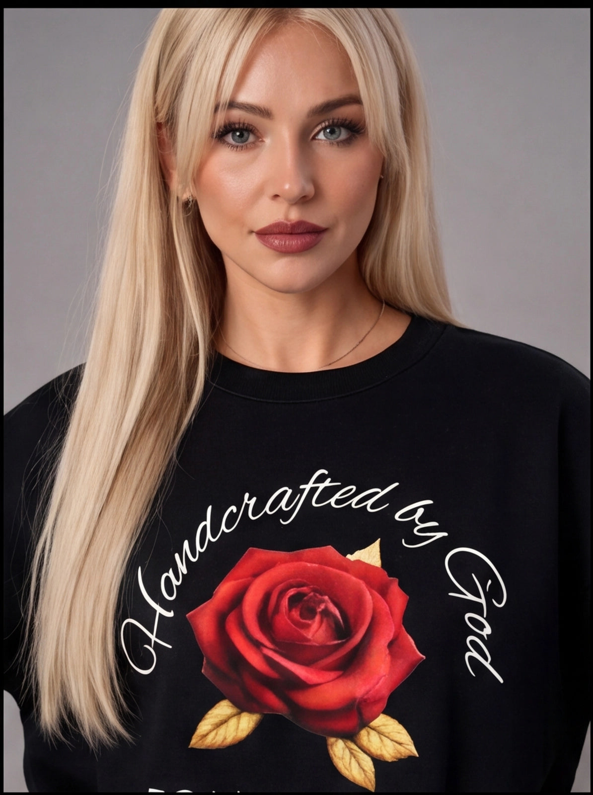 Woman wearing a black sweatshirt with a red rose and text design on a gray background