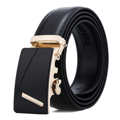 Black leather belt with gold buckle on a white background