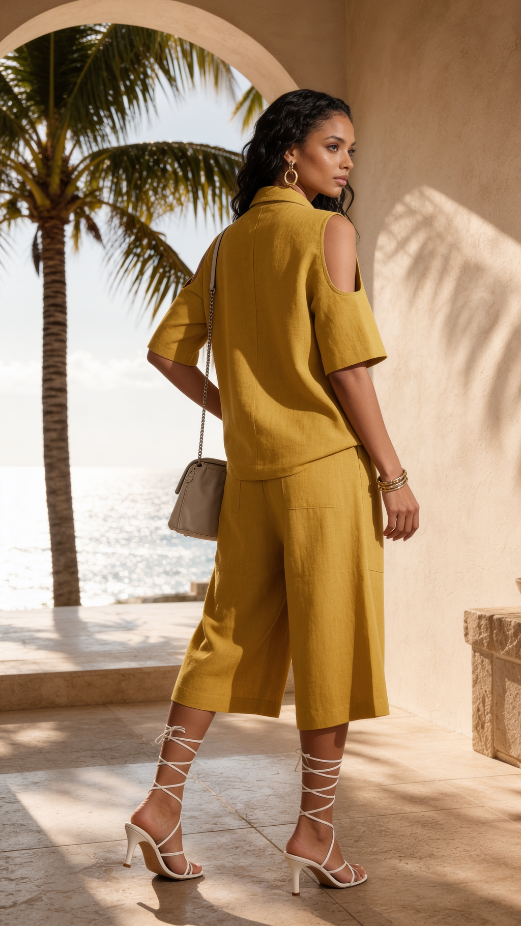A woman wearing a matching mustard yellow two-piece set with a short-sleeve top and cropped wide-leg pants, standing outdoors near a palm tree and sea with a beige archway in the background.