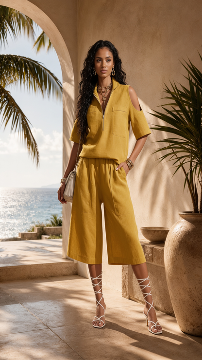 A woman models a matching yellow two-piece linen set consisting of a short-sleeve collared top and wide-leg cropped pants, styled with lace-up heeled sandals in an outdoor patio setting with a sea view background.