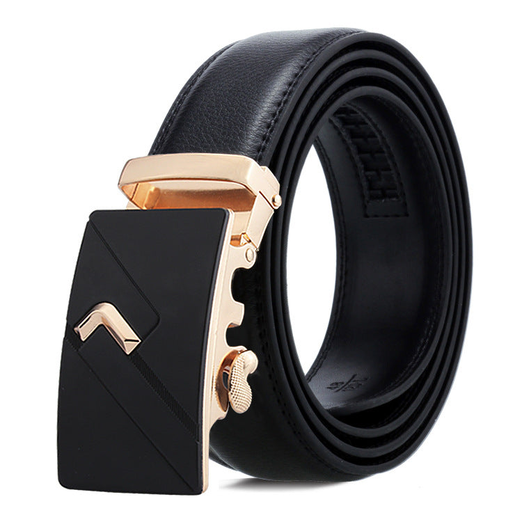 Black leather belt with a gold buckle on a white background