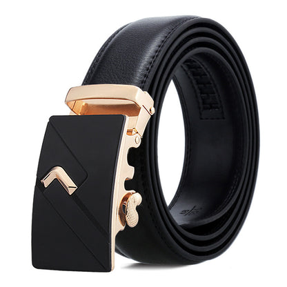 Black leather belt with a gold buckle on a white background