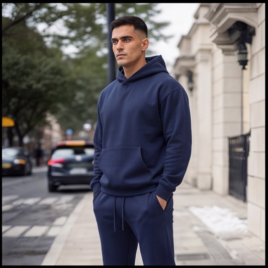 A man wearing a matching navy blue hoodie and sweatpants set stands on a city sidewalk with buildings and cars blurred in the background.