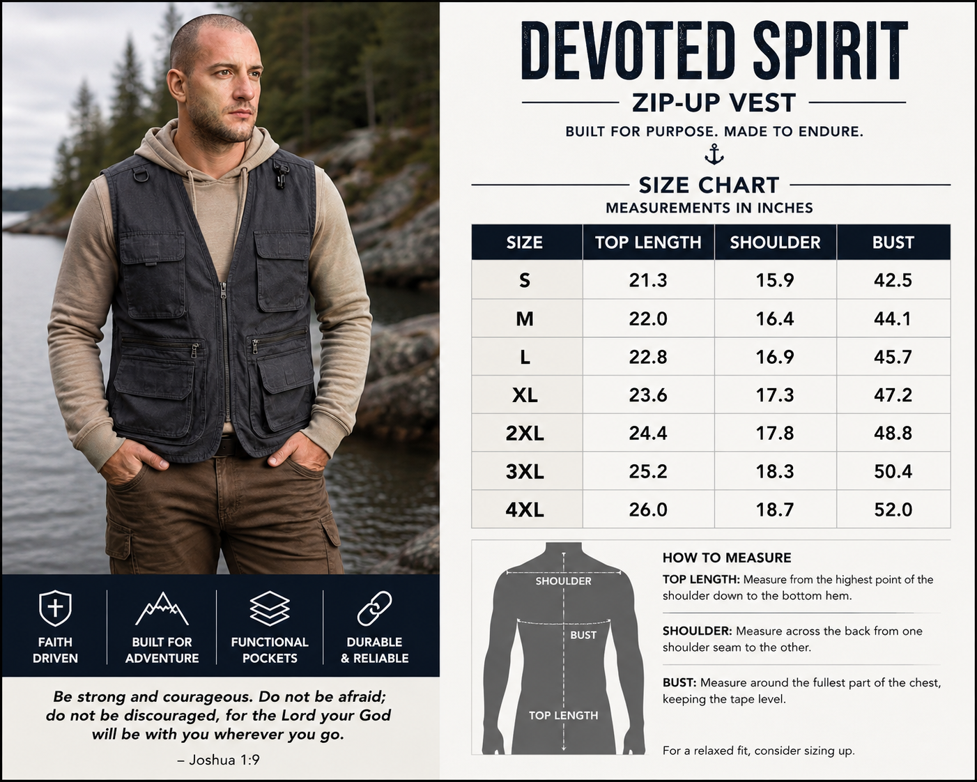 A promotional graphic for a Devoted Spirit zip-up vest. The left side shows a man wearing the vest outdoors, while the right side contains a size chart table and instructional diagram for the vest.
