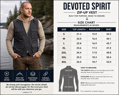 A promotional graphic for a Devoted Spirit zip-up vest. The left side shows a man wearing the vest outdoors, while the right side contains a size chart table and instructional diagram for the vest.