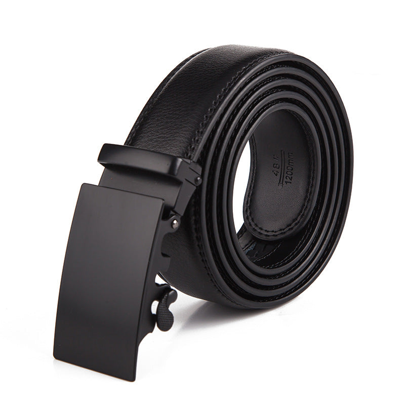 Black leather belt with a black buckle on a white background
