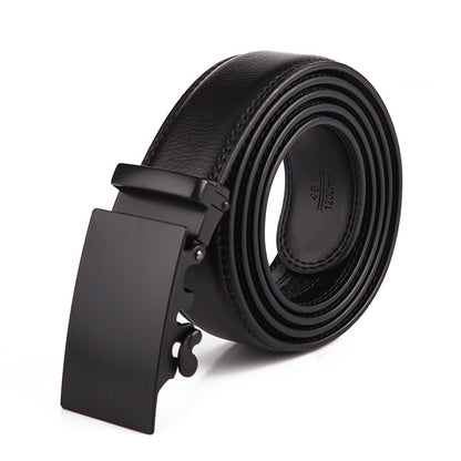 Black leather belt with a black buckle on a white background