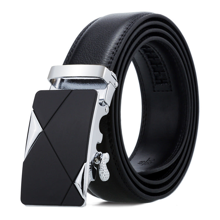 Black leather belt with a silver geometric buckle on a white background