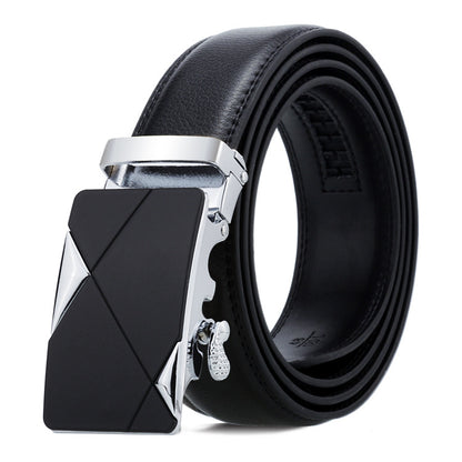 Black leather belt with a silver geometric buckle on a white background