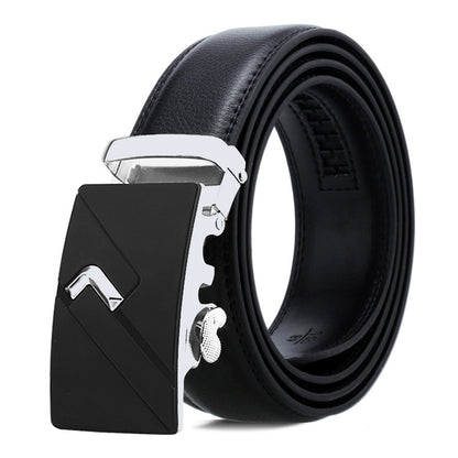 Black leather belt with a silver buckle on a white background
