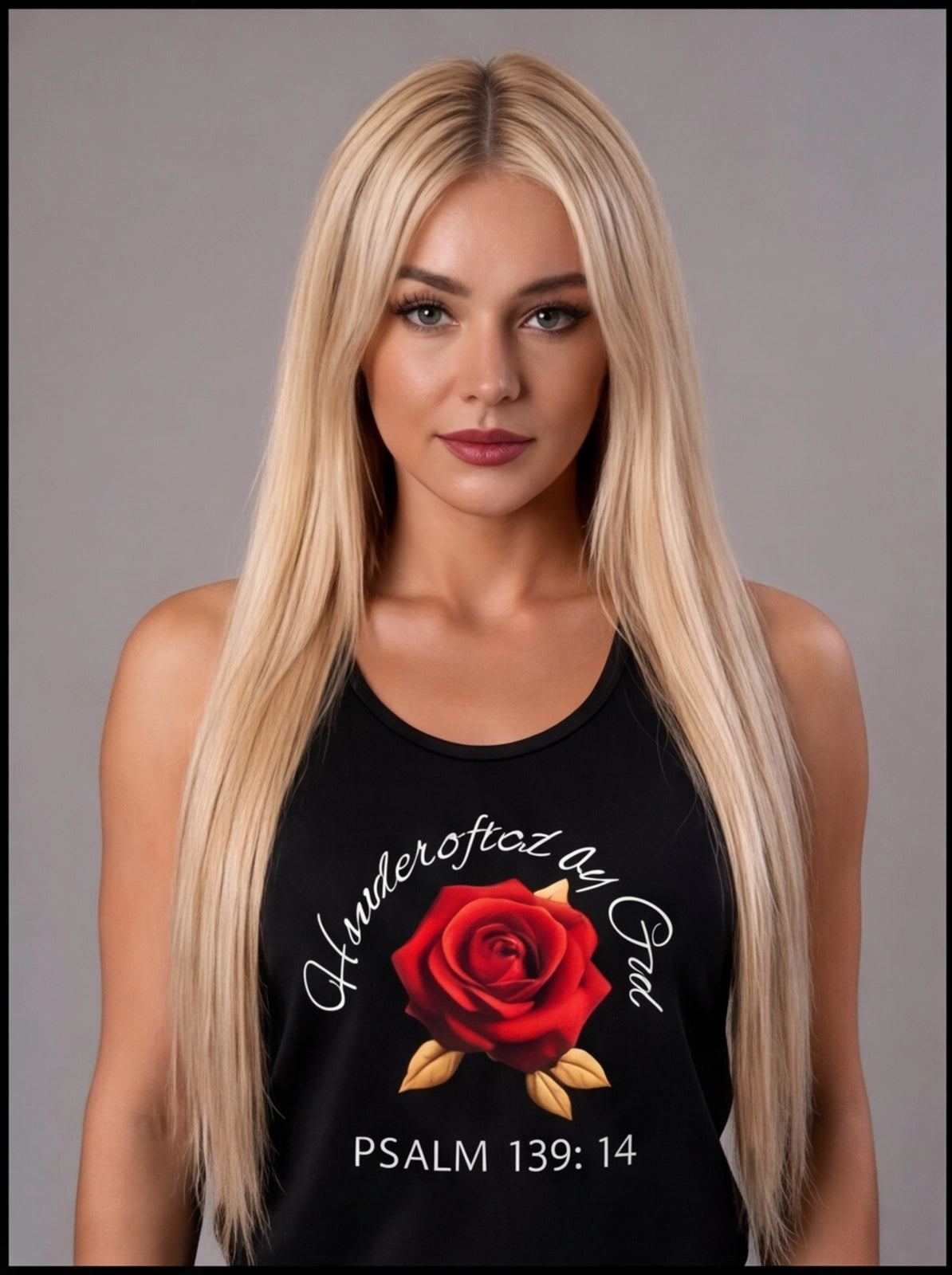Woman wearing a black tank top with a red rose design and text on a gray background