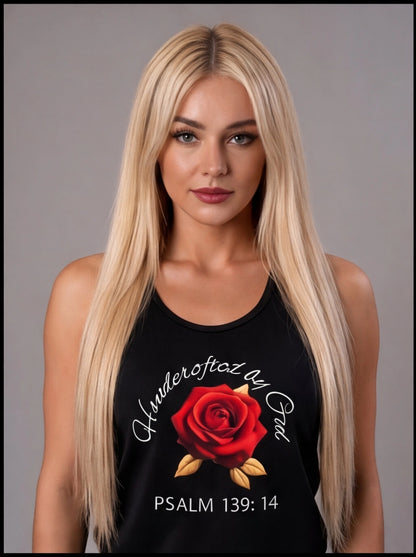 Woman wearing a black tank top with a red rose design and text on a gray background