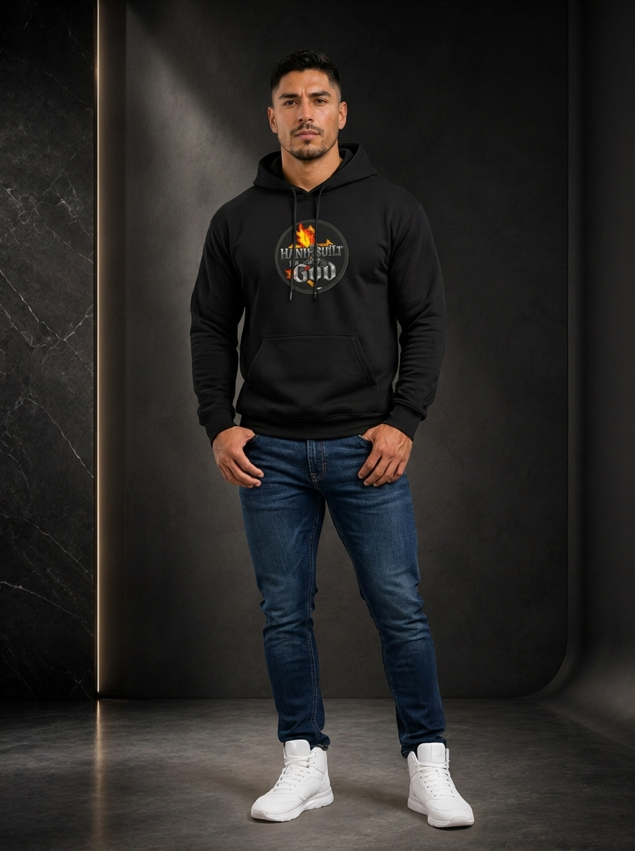 Man wearing a black hoodie with a logo and text, standing against a dark background