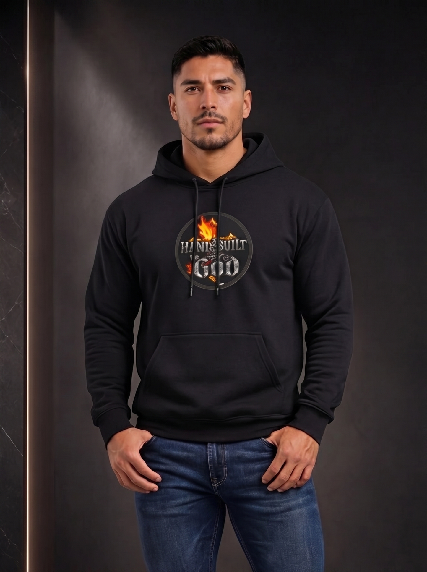 Man wearing a black hoodie with a logo on a dark background