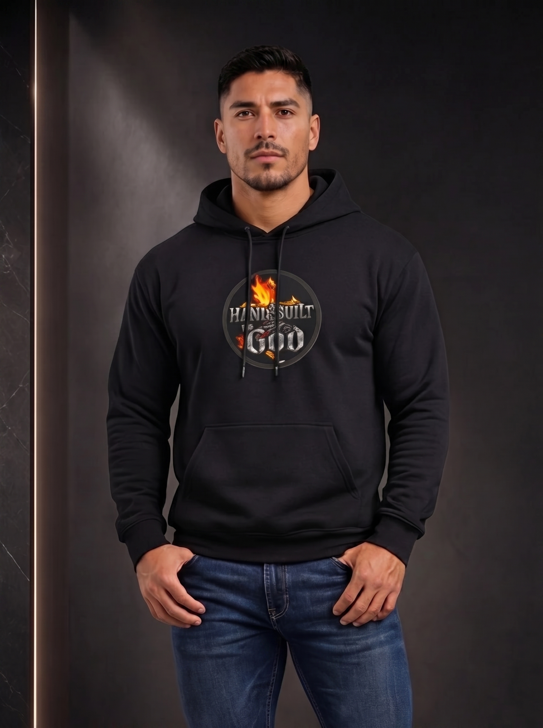 Man wearing a black hoodie with a logo on a dark background