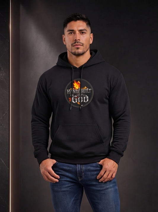 Man wearing a black hoodie with a logo on a dark background