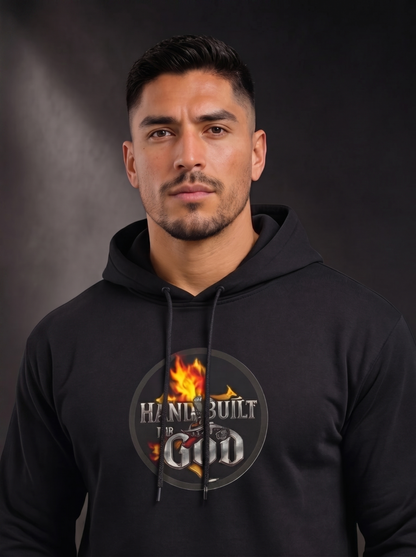 Man wearing a black hoodie with a logo on a dark background