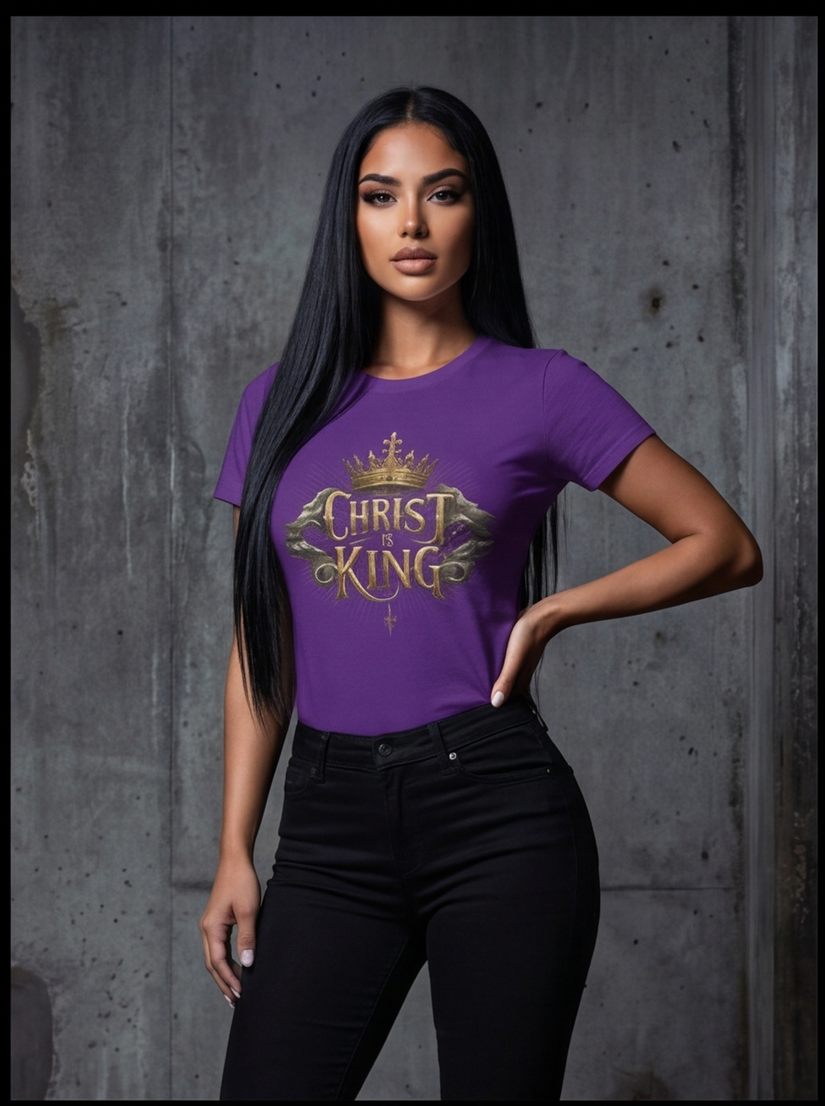Woman wearing a purple t-shirt with 'Christ King' text against a gray concrete wall.