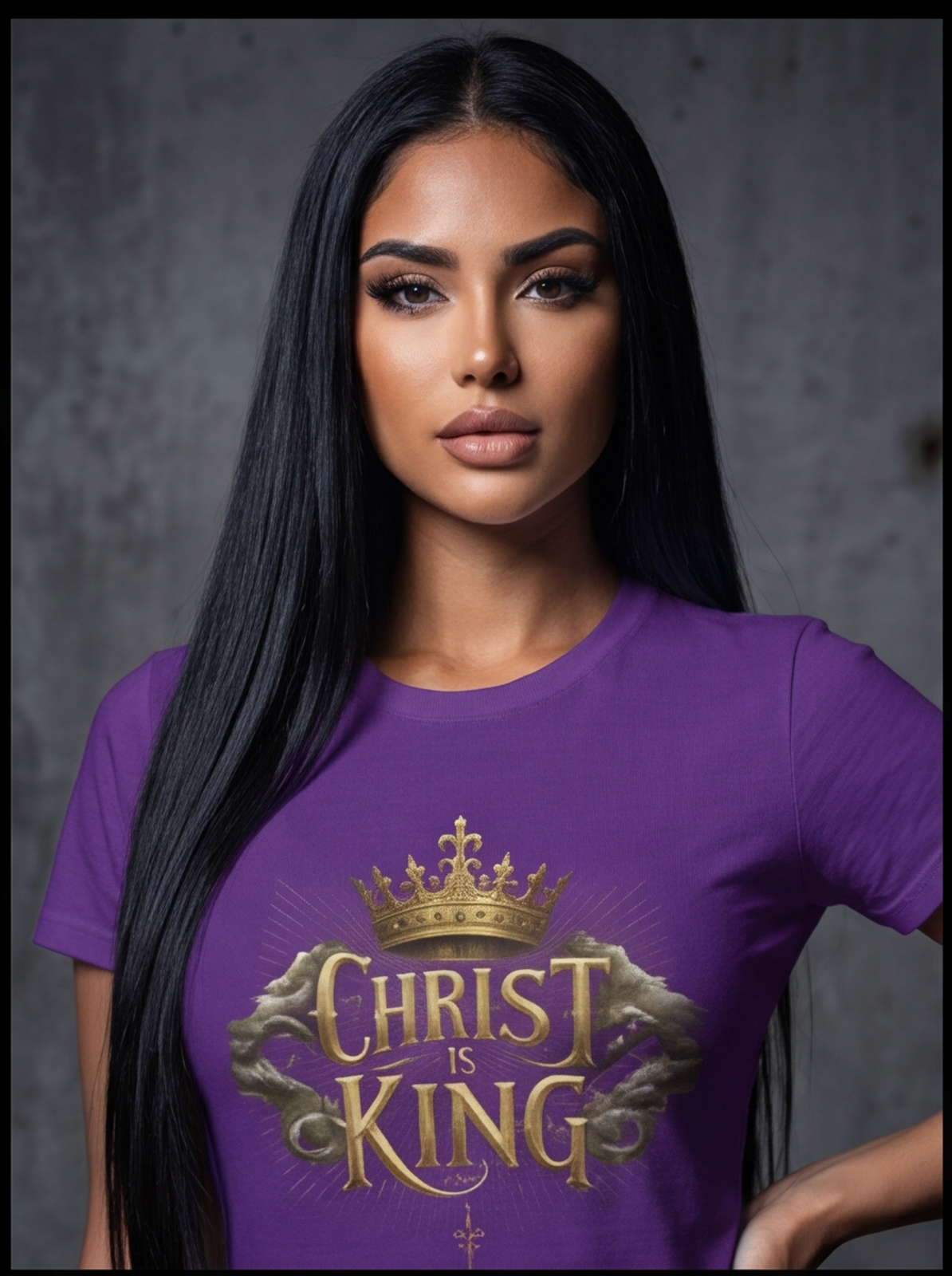 Woman wearing a purple t-shirt with 'Christ is King' design against a gray background