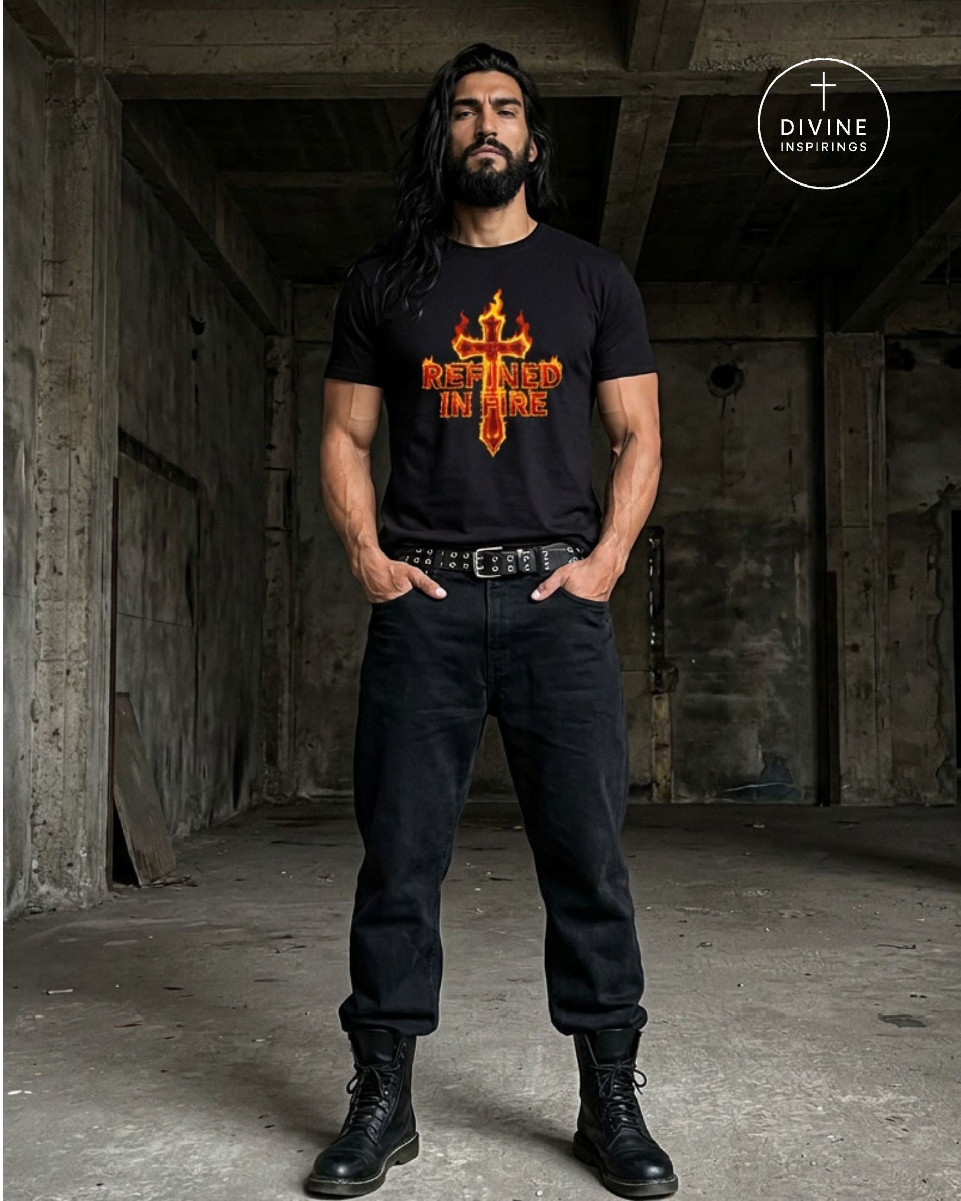 A Man wearing a black tee with a large orange and yellow flame-cross graphic on the chest, "Refined in Fire", standing against a dark concrete wall. A 'DIVINE INSPIRINGS' logo is visible in the top right corner.