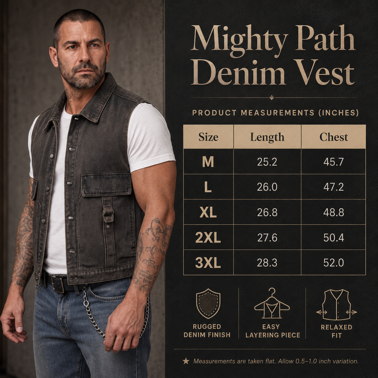 A man wearing a dark gray Mighty Path denim vest over a white t-shirt and jeans, with a size chart table on the right showing measurements for M, L, XL, 2XL, and 3XL.