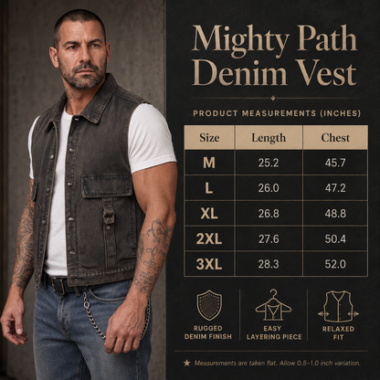 A man wearing a dark gray Mighty Path denim vest over a white t-shirt and jeans, with a size chart table on the right showing measurements for M, L, XL, 2XL, and 3XL.